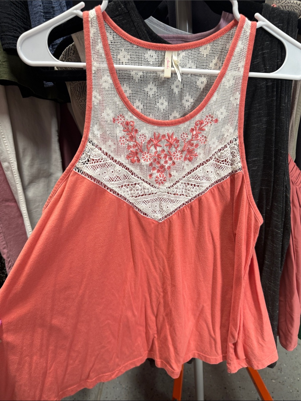 Frenchi Coral Tank with White Lace Yoke and Floral Embroidery